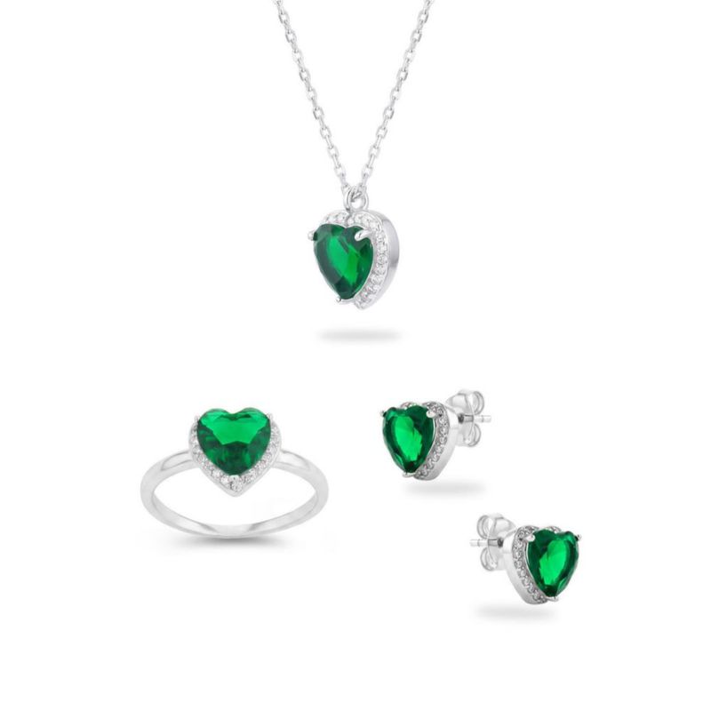JUEGO DE ANILLO ARETES Y DIJE DE CORAZON CON CADENA PLATA BLANCA 925 CON ZIRCONIAS BLANCAS Y VERDES JB-23JB1