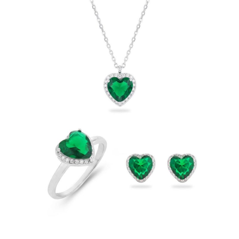 JUEGO DE ANILLO ARETES Y DIJE DE CORAZON CON CADENA PLATA BLANCA 925 CON ZIRCONIAS BLANCAS Y VERDES JB-23JB1