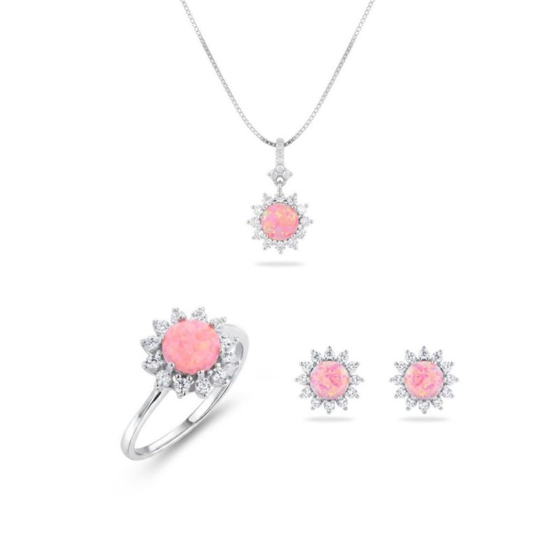 JUEGO DE ANILLO ARRACADAS Y DIJE DE FLOR CON CADENA PLATA BLANCA 925 CON OPALO ROSA Y ZIRCONIAS JB-34JB1
