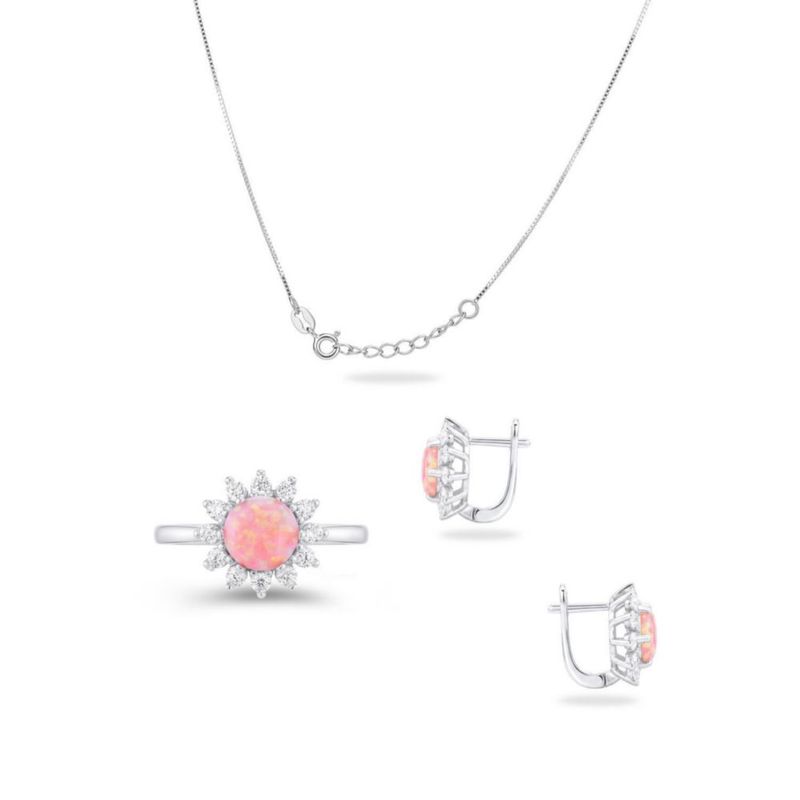 JUEGO DE ANILLO ARRACADAS Y DIJE DE FLOR CON CADENA PLATA BLANCA 925 CON OPALO ROSA Y ZIRCONIAS JB-34JB1