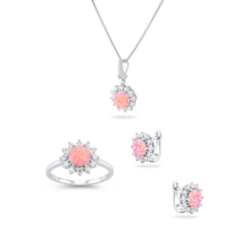 JUEGO DE ANILLO ARRACADAS Y DIJE DE FLOR CON CADENA PLATA BLANCA 925 CON OPALO ROSA Y ZIRCONIAS JB-34JB1