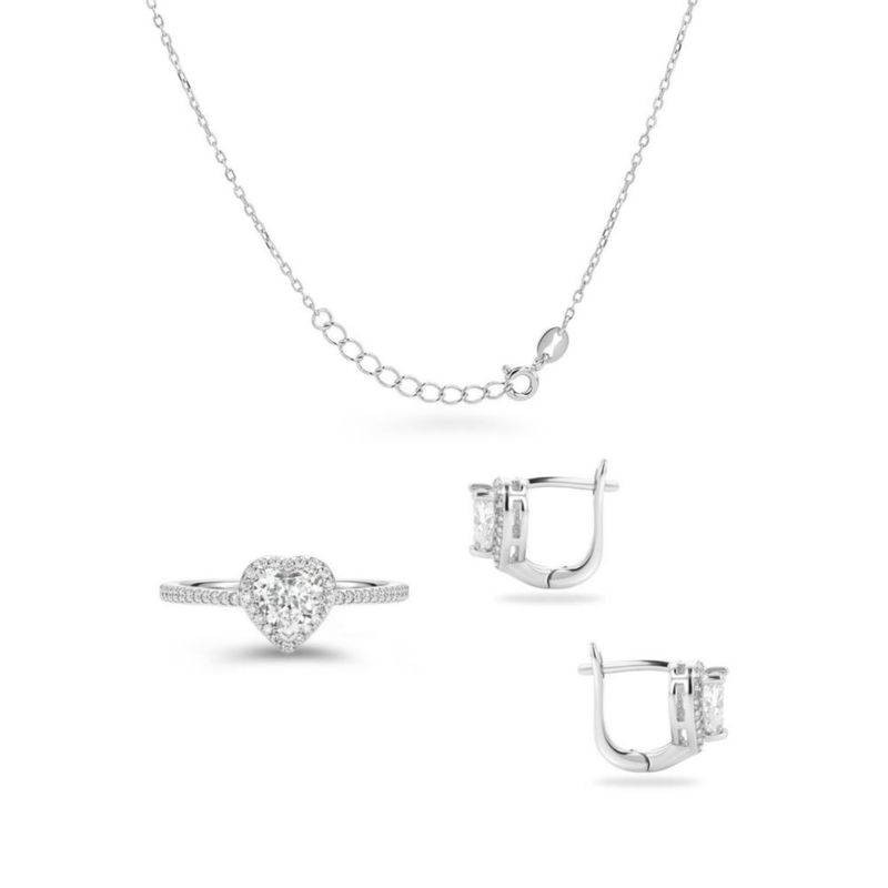 JUEGO DE ANILLO ARRACADAS Y GARGANTILLA DE CORAZON PLATA BLANCA 925 CON ZIRCONIAS JB-39JB1
