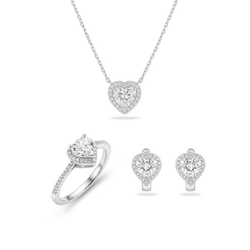 JUEGO DE ANILLO ARRACADAS Y GARGANTILLA DE CORAZON PLATA BLANCA 925 CON ZIRCONIAS JB-39JB1