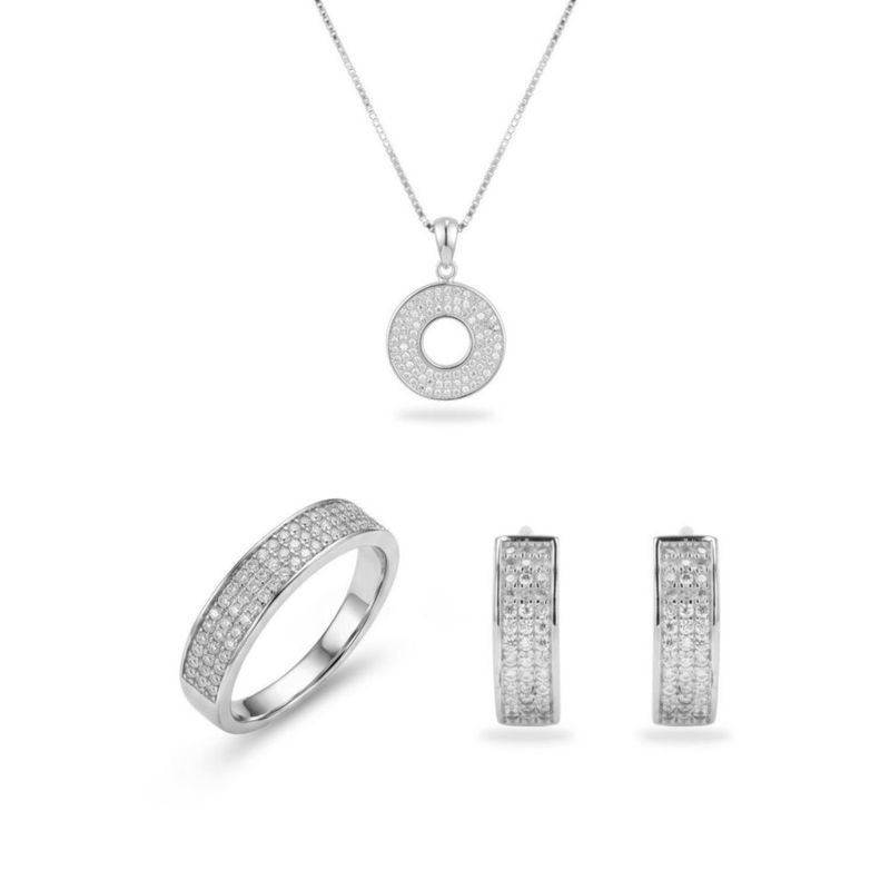 JUEGO DE ARRACADAS CHURUMBELA Y DIJE CON CADENA DE PLATA BLANCA 925 CON ZIRCONIAS JB-26JB1