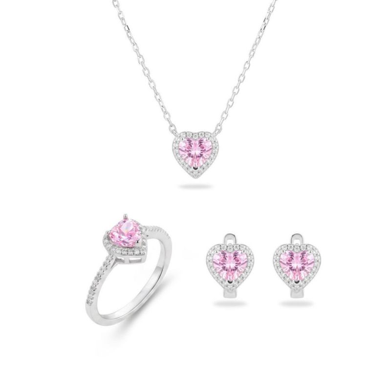 JUEGO DE ANILLO ARRACADAS Y GARGANTILLA DE CORAZON PLATA BLANCA 925 CON ZIRCONIAS BLANCAS Y ROSAS JB-40JB1