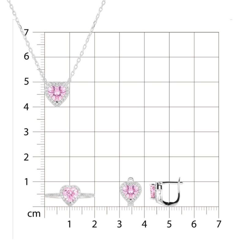JUEGO DE ANILLO ARRACADAS Y GARGANTILLA DE CORAZON PLATA BLANCA 925 CON ZIRCONIAS BLANCAS Y ROSAS JB-40JB1