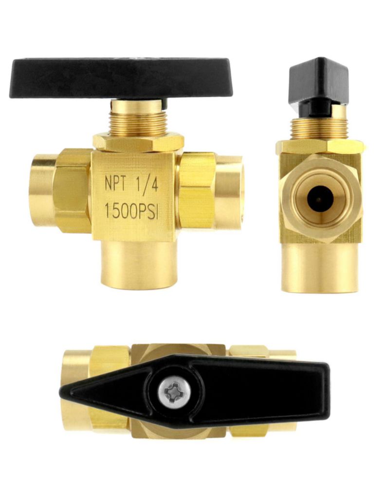 Válvula de bola QWORK 1/4\" NPT de 3 vías latón puerto en L paquete de 2