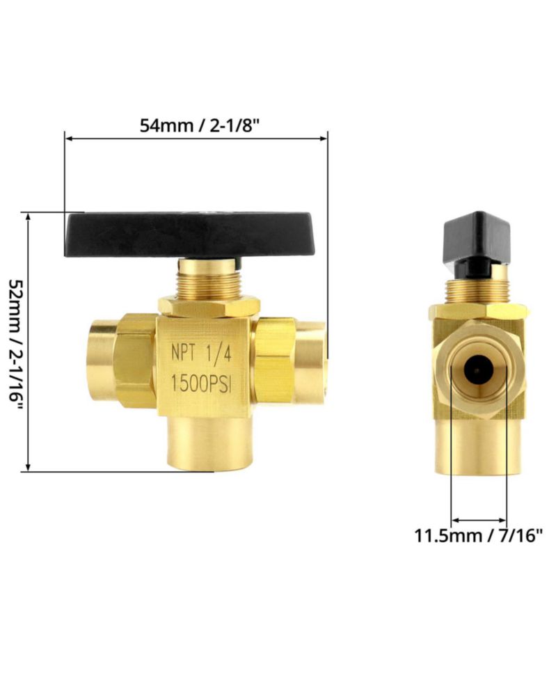 Válvula de bola QWORK 1/4\" NPT de 3 vías latón puerto en L paquete de 2