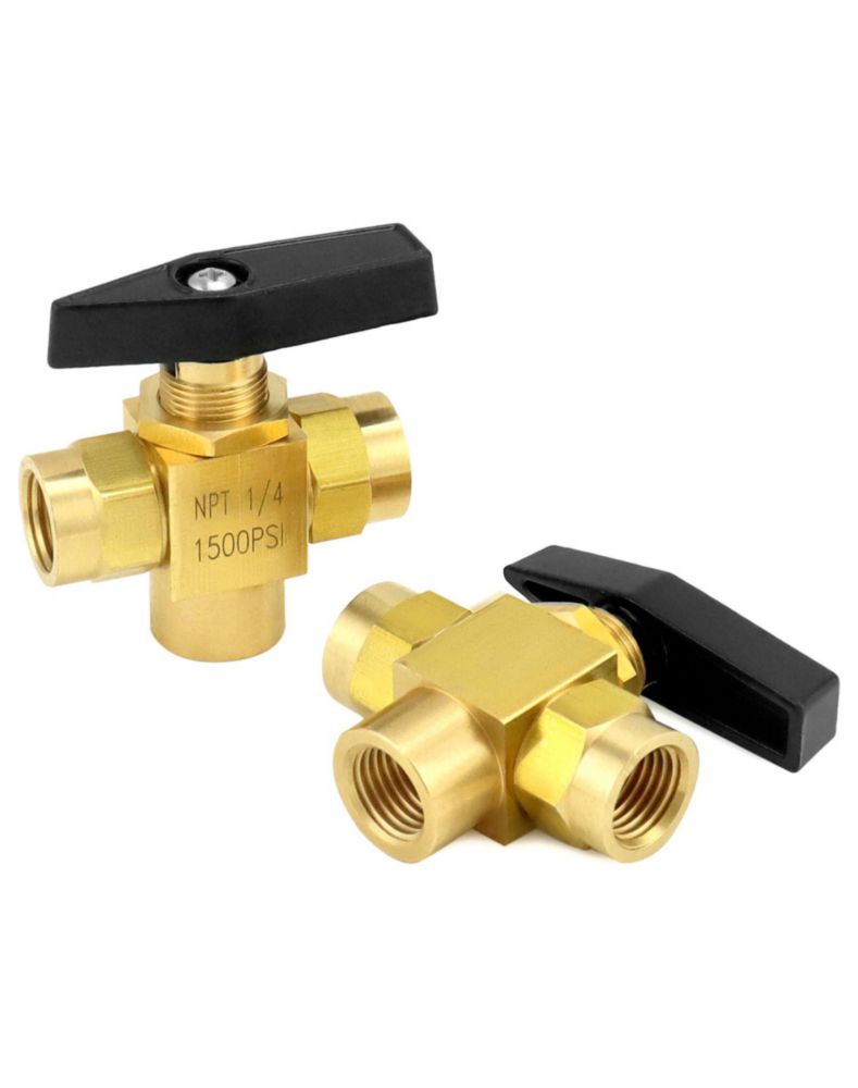 Válvula de bola QWORK 1/4\" NPT de 3 vías latón puerto en L paquete de 2