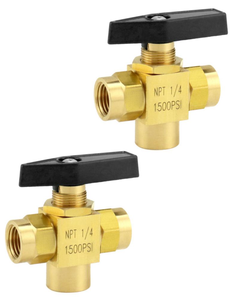 Válvula de bola QWORK 1/4\" NPT de 3 vías latón puerto en L paquete de 2