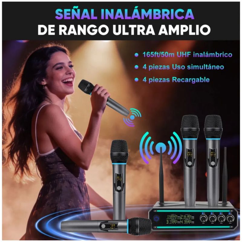 Micrófono Cuatro En Uno Con Frecuencia Ajustable Recargable, Color Gris