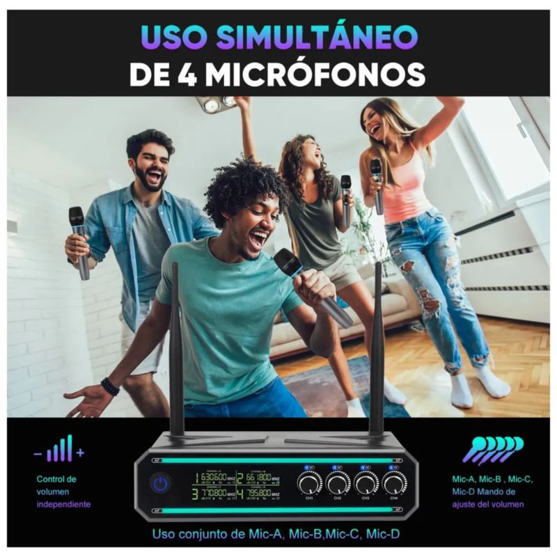 Micrófono Cuatro En Uno Con Frecuencia Ajustable Recargable, Color Gris