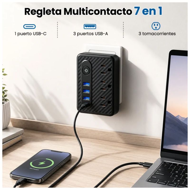 2pc Adaptador Pared Multicontactos, 3 Tomas, 3 Usb, 1 Tipo C, Color Negro