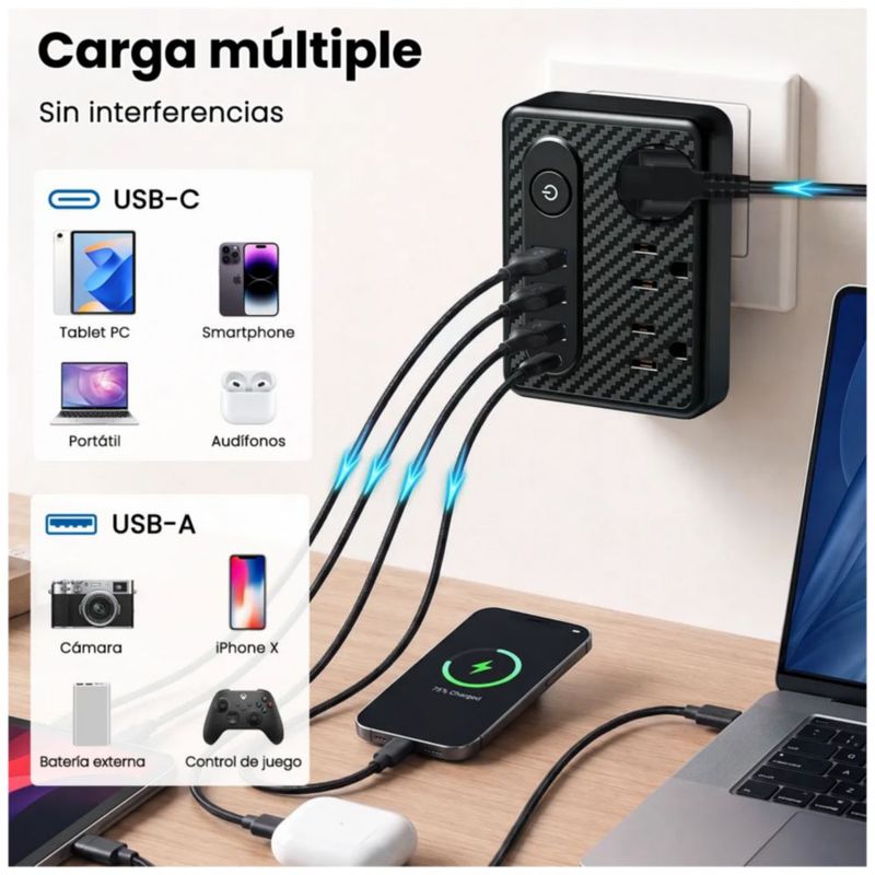 2pc Adaptador Pared Multicontactos, 3 Tomas, 3 Usb, 1 Tipo C, Color Negro