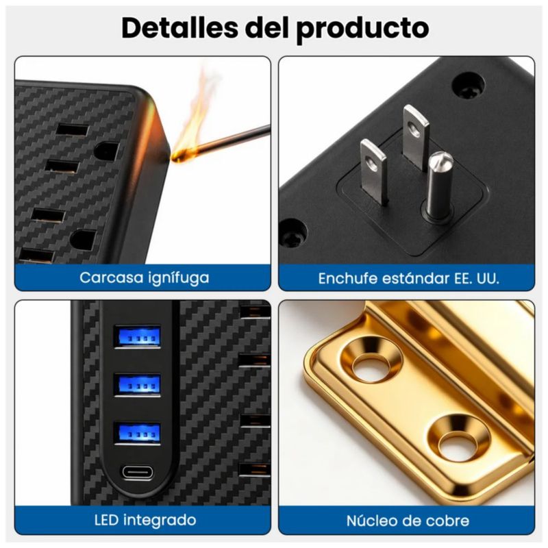2pc Adaptador Pared Multicontactos, 3 Tomas, 3 Usb, 1 Tipo C, Color Negro
