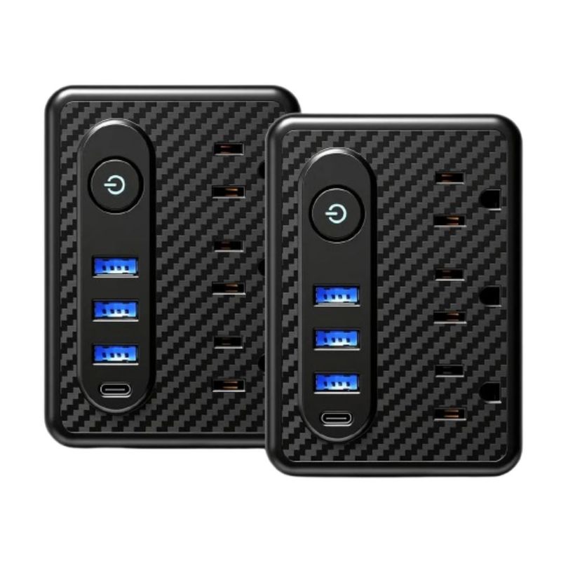 2pc Adaptador Pared Multicontactos, 3 Tomas, 3 Usb, 1 Tipo C, Color Negro