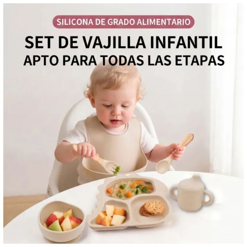 Set 6 Vajilla Bebe Silicona Alimentaria, Color Beige
