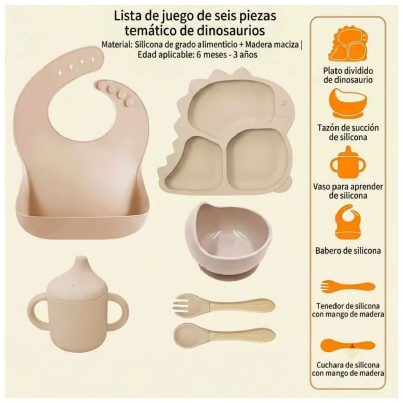 Set 6 Vajilla Bebe Silicona Alimentaria, Color Beige