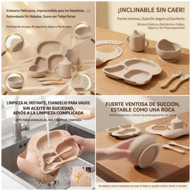 Set 6 Vajilla Bebe Silicona Alimentaria, Color Beige