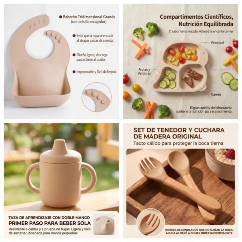 Set 6 Vajilla Bebe Silicona Alimentaria, Color Beige