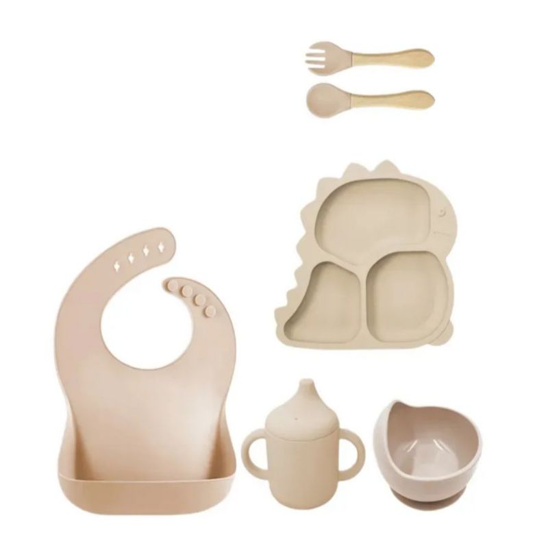 Set 6 Vajilla Bebe Silicona Alimentaria, Color Beige