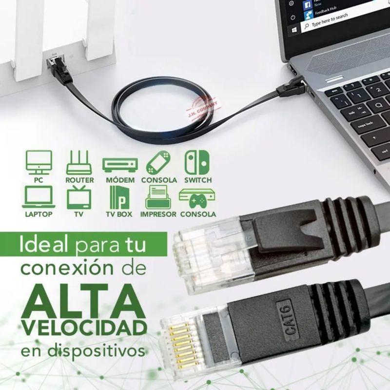 Cable Red Plano Categoria 6 Cat6 Rj45 Utp Ethernet 30 Metros Negro