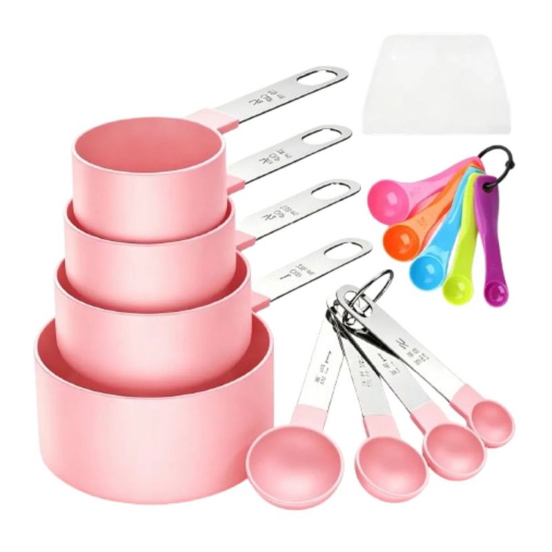 Set 15 Piezas Tazas y Cucharas Medidoras Plástico Rosa para Repostería, Color Rosa