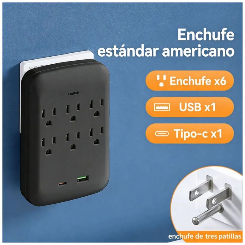 Adaptador De Pared Multicontactos, 6 Tomas, 1 Usb Y 1 Tipo C, Color Negro