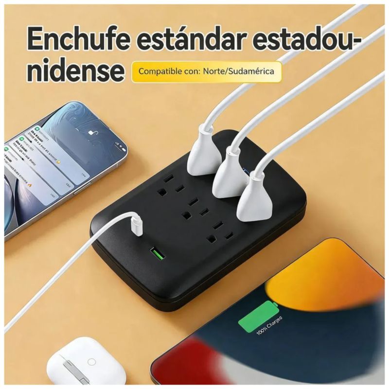 Adaptador De Pared Multicontactos, 6 Tomas, 1 Usb Y 1 Tipo C, Color Negro