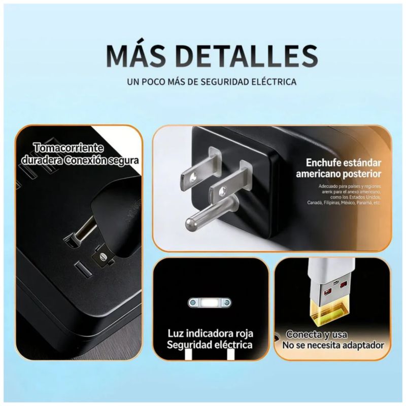 Adaptador De Pared Multicontactos, 6 Tomas, 1 Usb Y 1 Tipo C, Color Negro