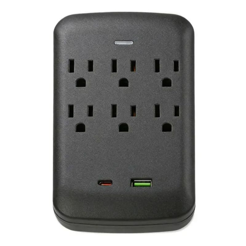 Adaptador De Pared Multicontactos, 6 Tomas, 1 Usb Y 1 Tipo C, Color Negro