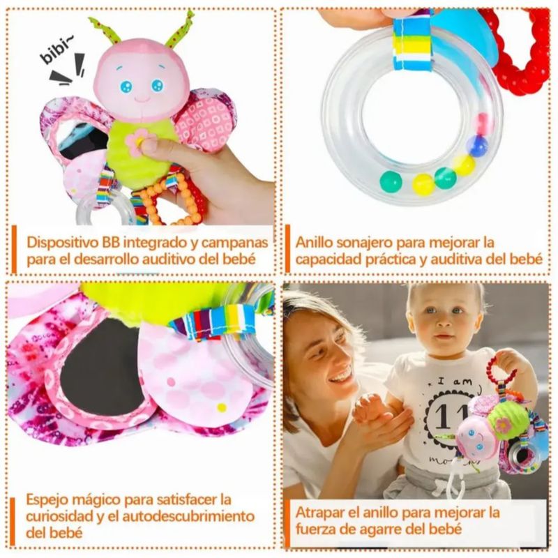Juguete Peluche Sonaja Mordedera Texturas Estimulación Bebé, Color Rosa