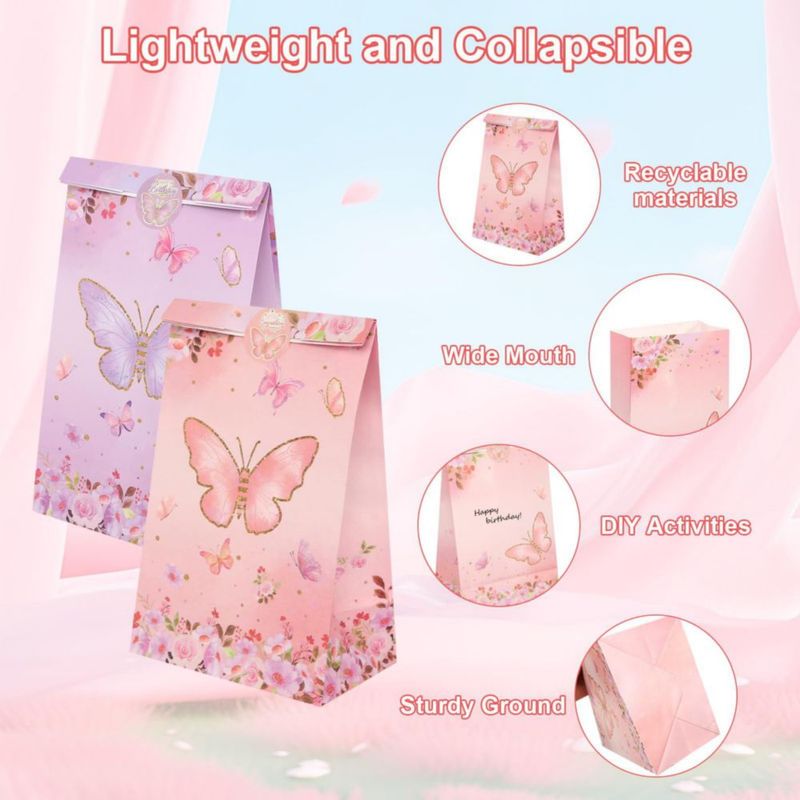 Bolsas de Regalo Nukssi 24 piezas 22x13x8 cm Mariposa Rosa