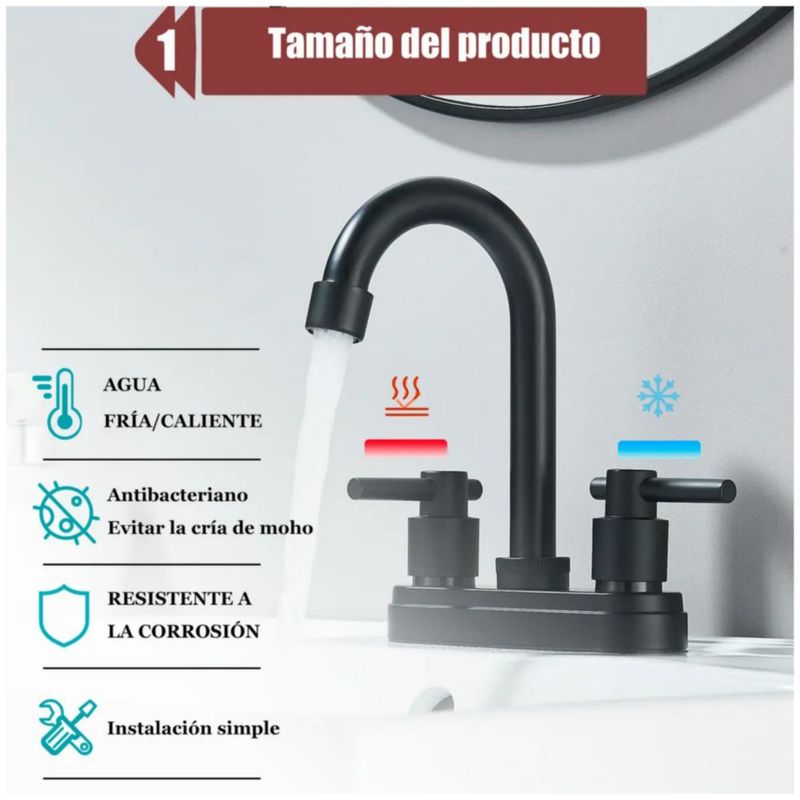 Grifería de Baño Negra Mate de Doble Comando para Lavabo, Color Negro
