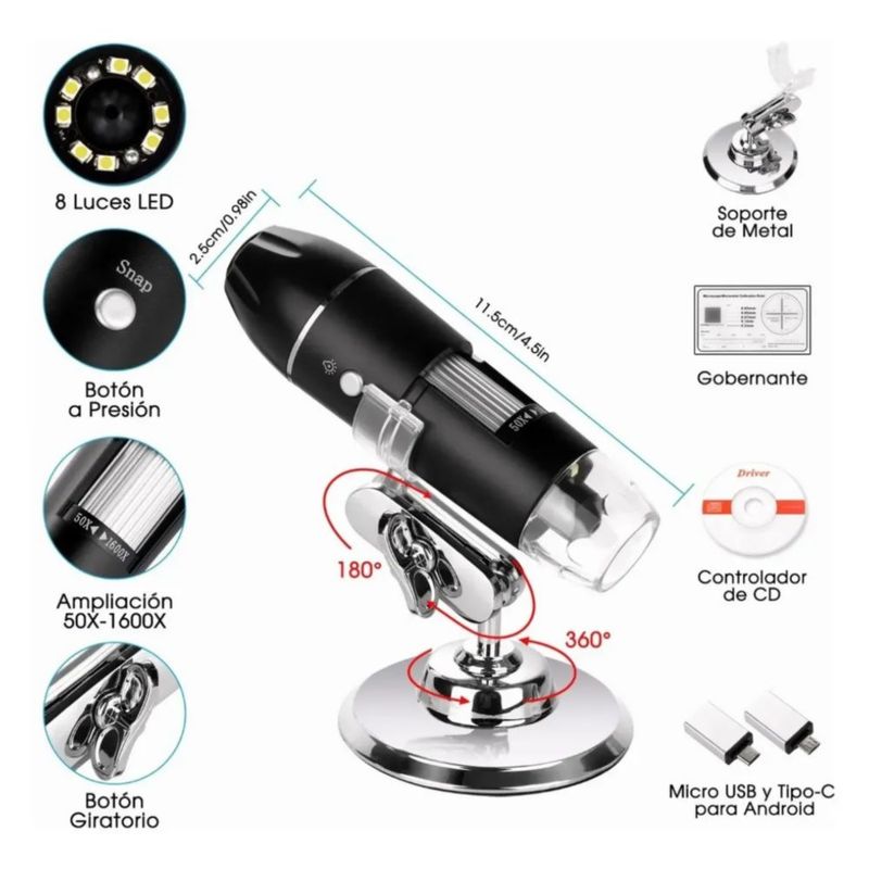 Microscopio Digital Usb 1600x Zoom Optico Hd 8 Leds