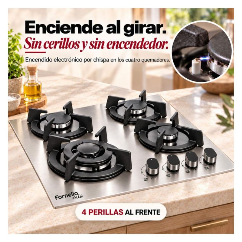 Parrilla Gas Empotrable 4 Quemadores Acero Inoxidable Cepillado Encendido Electronico Gas LP Natural