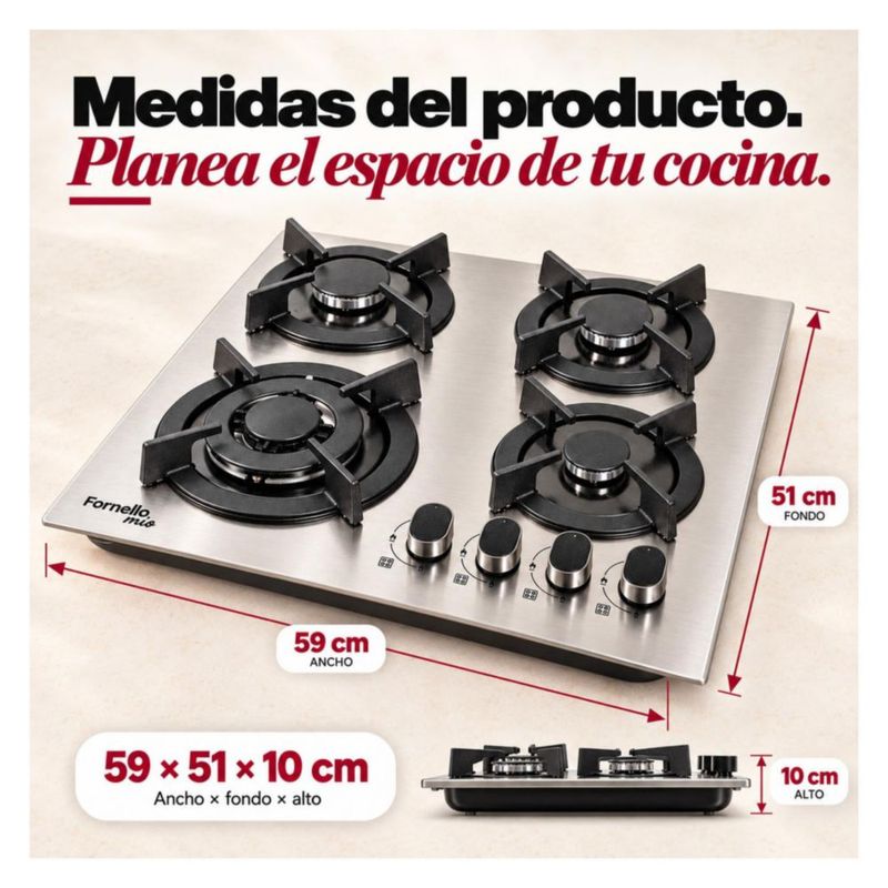 Parrilla Gas Empotrable 4 Quemadores Acero Inoxidable Cepillado Encendido Electronico Gas LP Natural