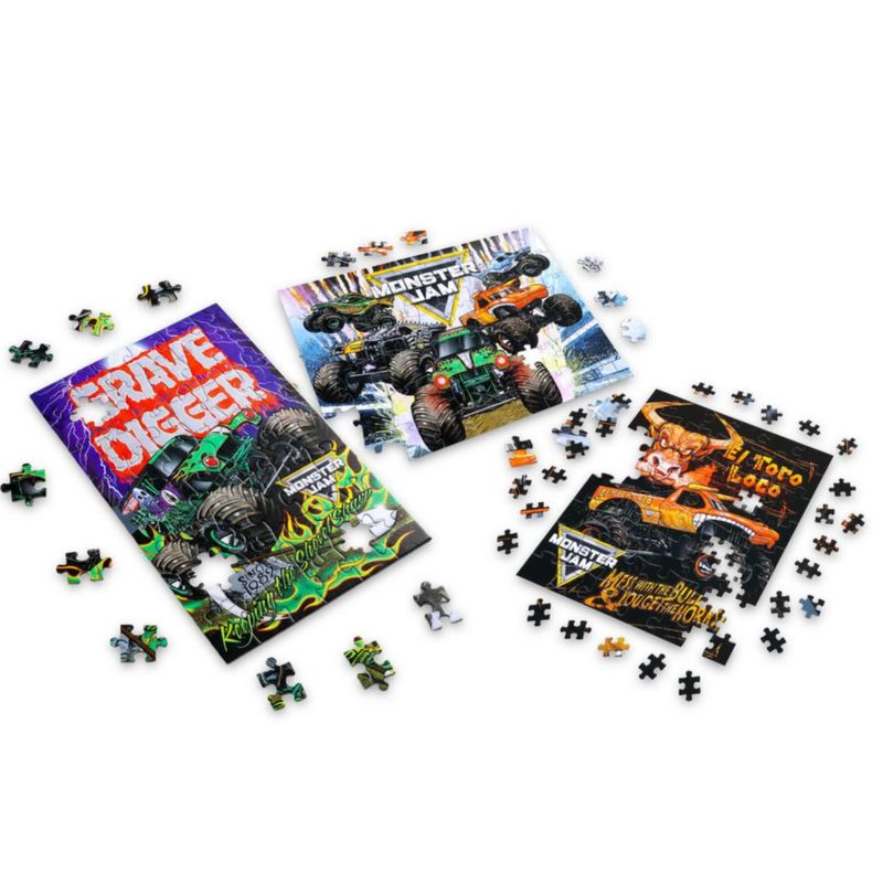 Set de 3 Rompecabezas Monster Jam + Pegatinas y Colgador