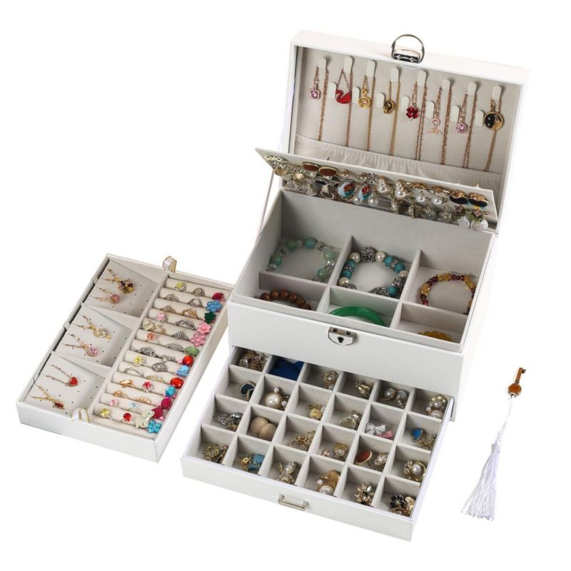 Caja de joyas BOOVO de 5 capas blanca cuero PU