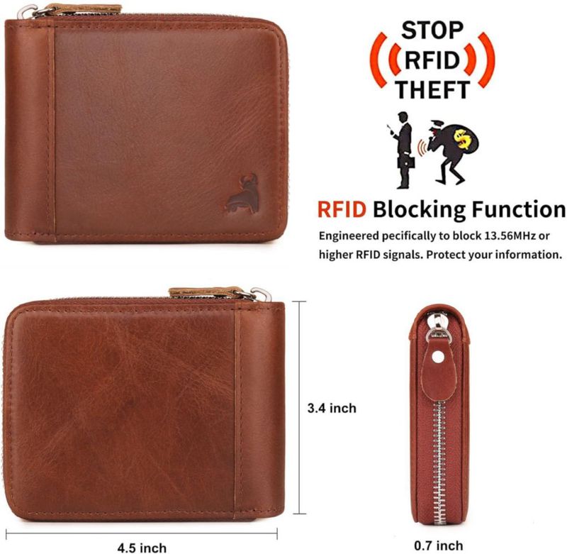 Cartera CALFART de Cuero con RFID Cremallera de Tres Lados y Bolsillo para Monedas