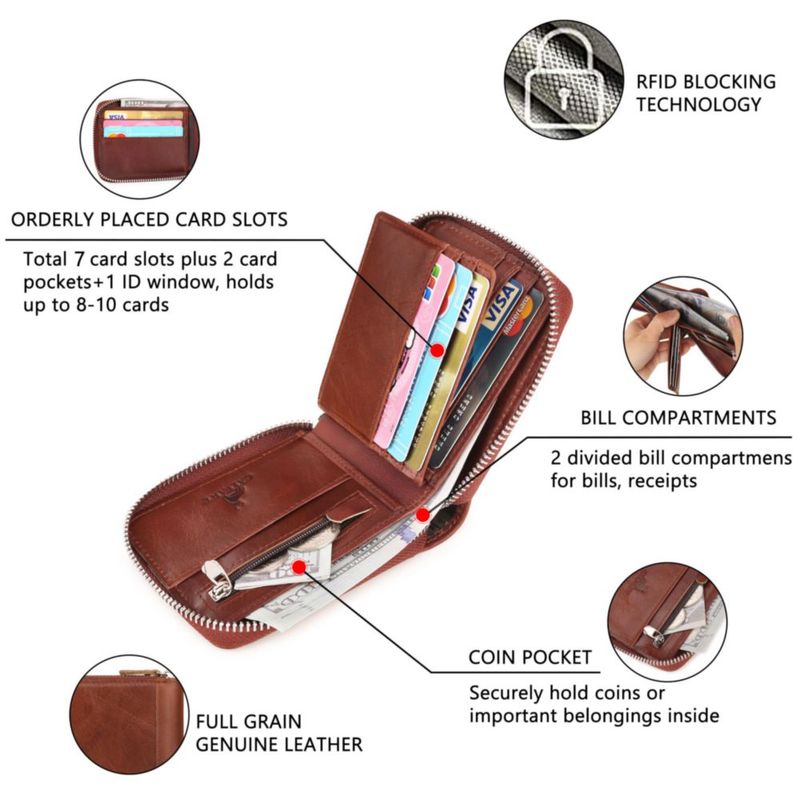 Cartera CALFART de Cuero con RFID Cremallera de Tres Lados y Bolsillo para Monedas