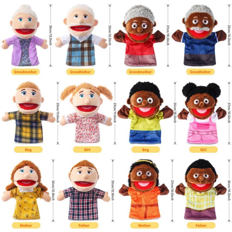 Marionetas de mano ZJoey 30 cm – Pack de 12 figuras familiares multiculturales para juego de rol
