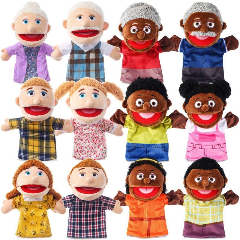 Marionetas de mano ZJoey 30 cm – Pack de 12 figuras familiares multiculturales para juego de rol