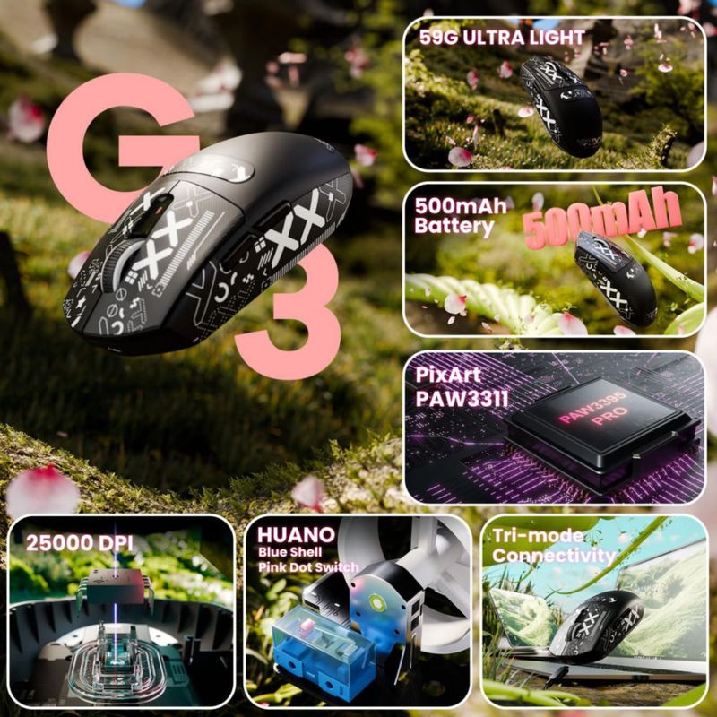 Ratón Gaming ATTACK SHARK G3 Inalámbrico Negro y Sticker