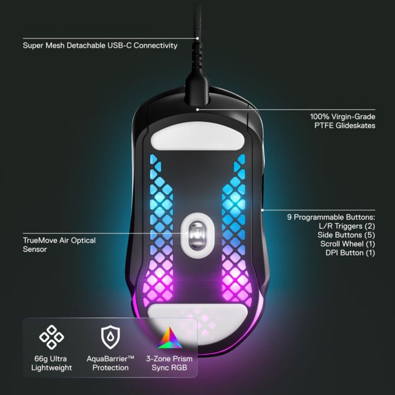 Ratón para juegos SteelSeries Aerox 5 Holey RGB 18K DPI resistente al agua