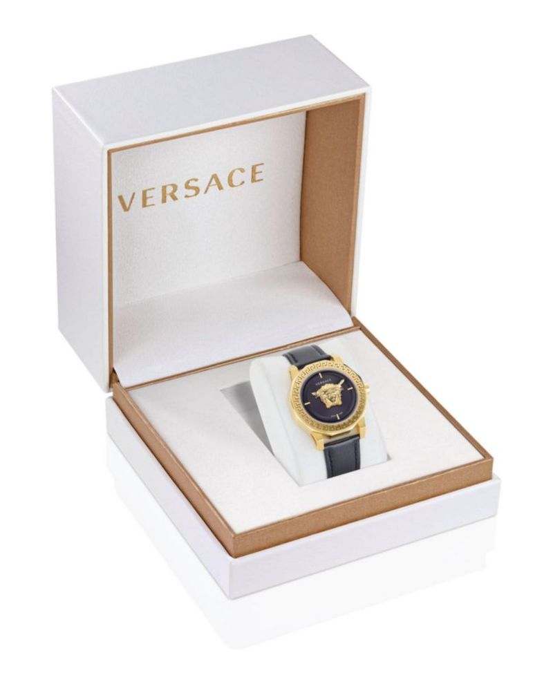 Reloj Versace 38 mm IP Oro Negro con Correa de Cuero – Cuarzo Suizo