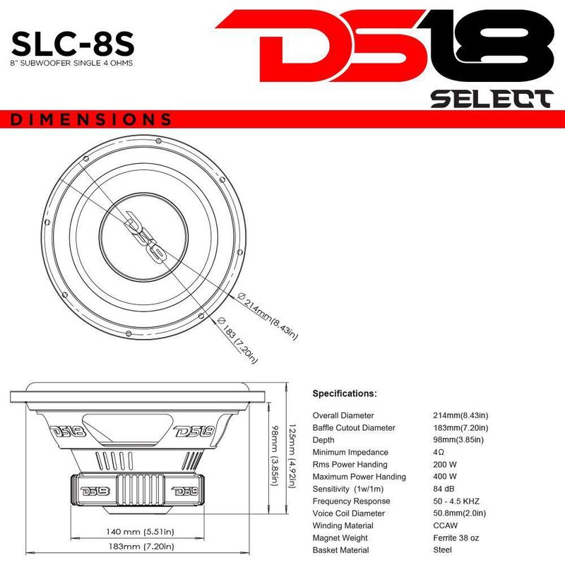 Subwoofer DS18 20 cm 400 W Máx 200 W RMS 4 Ω