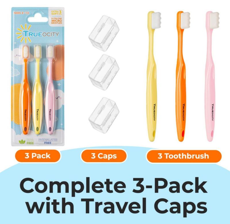 Cepillo de dientes Trueocity Kids 2-4 años Suave Juego de 3 (Amarillo Naranja Rosa)