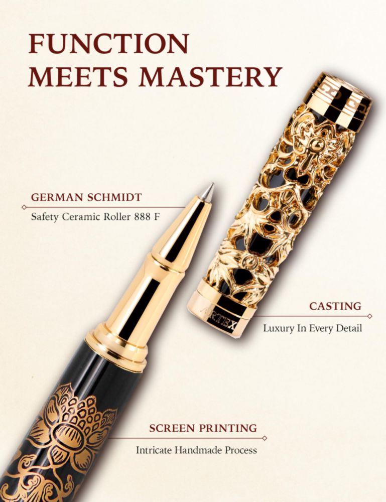 Pluma Rollerball ARTEX Gold Lotus y Soporte de Mármol – Set