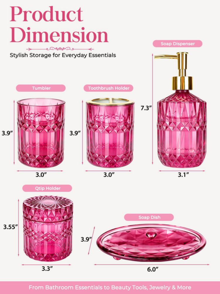 Juego de Accesorios de Baño Haturi Rosa Intenso 5 Piezas Vidrio